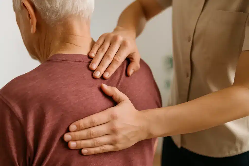 Senior avec chiropractrice pour mal haut du dos